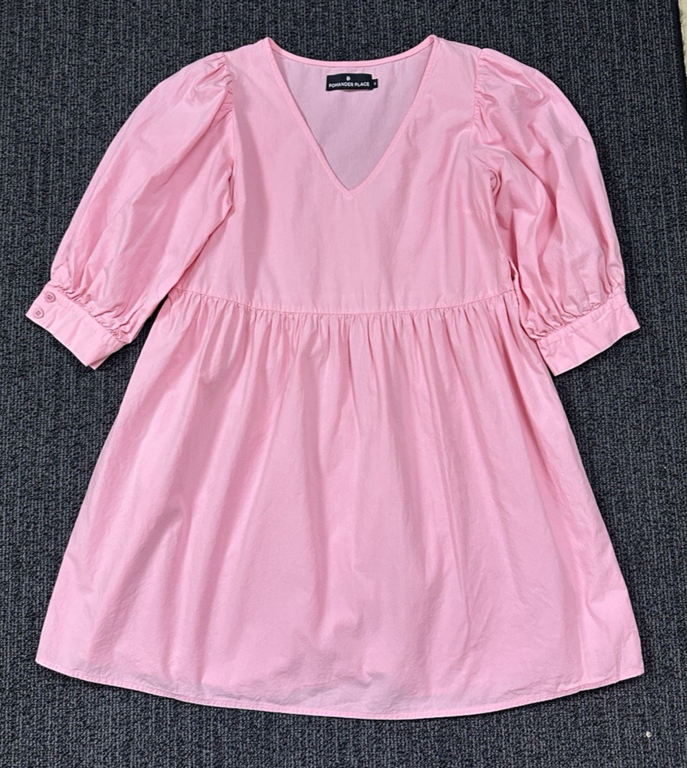 Pomander Place Pink Lizzie Dress Puff Sleeve V-Neck Fit & Flare Size Small S